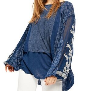Free People Small Indigo Dreams Blue Embroidered Oversized Tunic Top